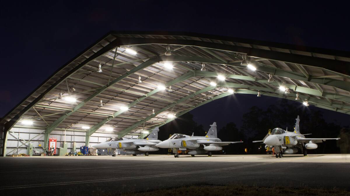 SOLAR SAVE: It takes a lot of electricity to run a military base. Royal Thai Air Force JAS 39 Gripens parked on the Military Hard Stand at RAAF Base Darwin during Exercise Pitch Black 2018. Picture: Department of Defence.