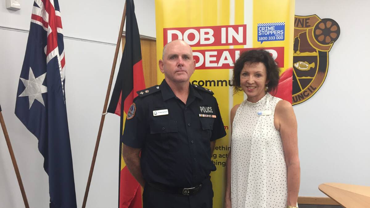 LAUNCH: Katherine Police Acting Superintendent, Craig Garland, and Crime Stoppers NT deputy chair, Helen Summers, spoke at the Dob in a Dealer Launch on Tuesday night. 