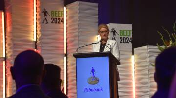 Tracey Hayes speaking at the Rabobank Beef Industry Awards dinner at Beef Australia in Rockhampton. Picture Shan Goodwin.