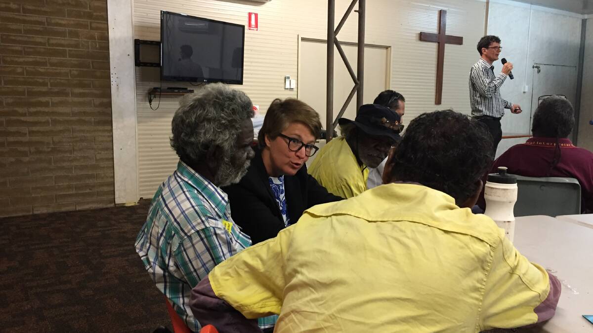 MATARANKA VISIT: Justice Pepper speaks to people at a community session held at Mataranka earlier in the year.