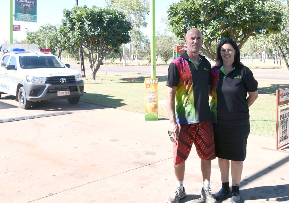 AUXILIARY CONFUSION: Boab Caravan Park owners Glenn Amato and Belinda Biddle say they are confused as to why liquor inspectors are stationed at their small shop and not the Katherine Golf Club or the RSL, which both sell alcohol. 