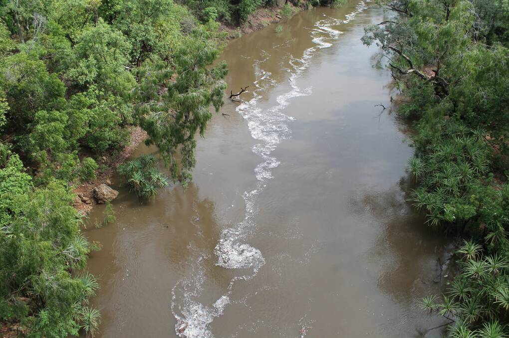 MYSTERY SOLVED: The fast rising Katherine River from the high-level bridge this morning. Picture: Lydia Lynch.