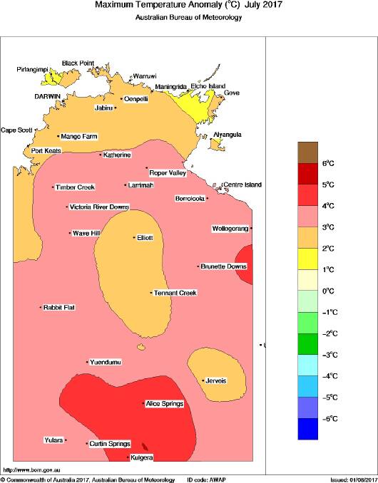 NT temperature anomalies in July. Graphic: Bureau of Meteorology.