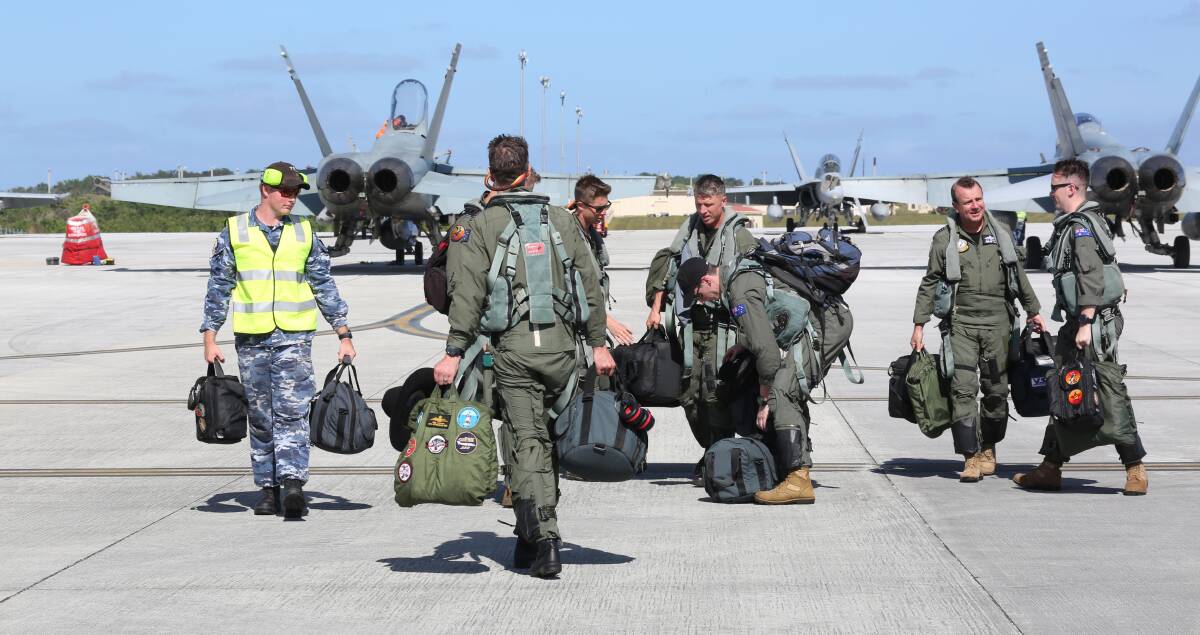 ARRIVAL: 75 Squadron F/A-18 Hornet aircrew arrive at Andersen Air Force Base, Guam for Exercise Cope North 19. Picture: Defence Media.