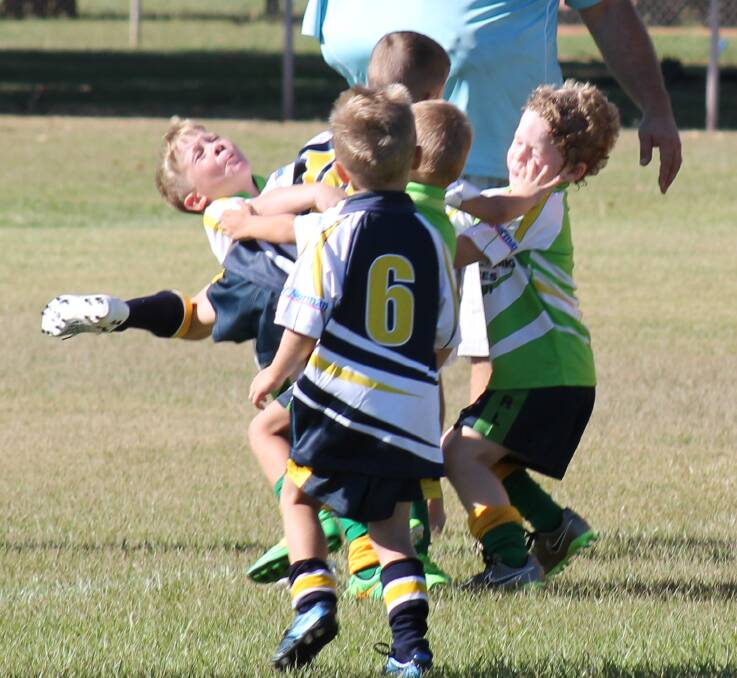 TOP EFFORT: The Under 8s throw their bodies in but cannot prevent the try being scored.