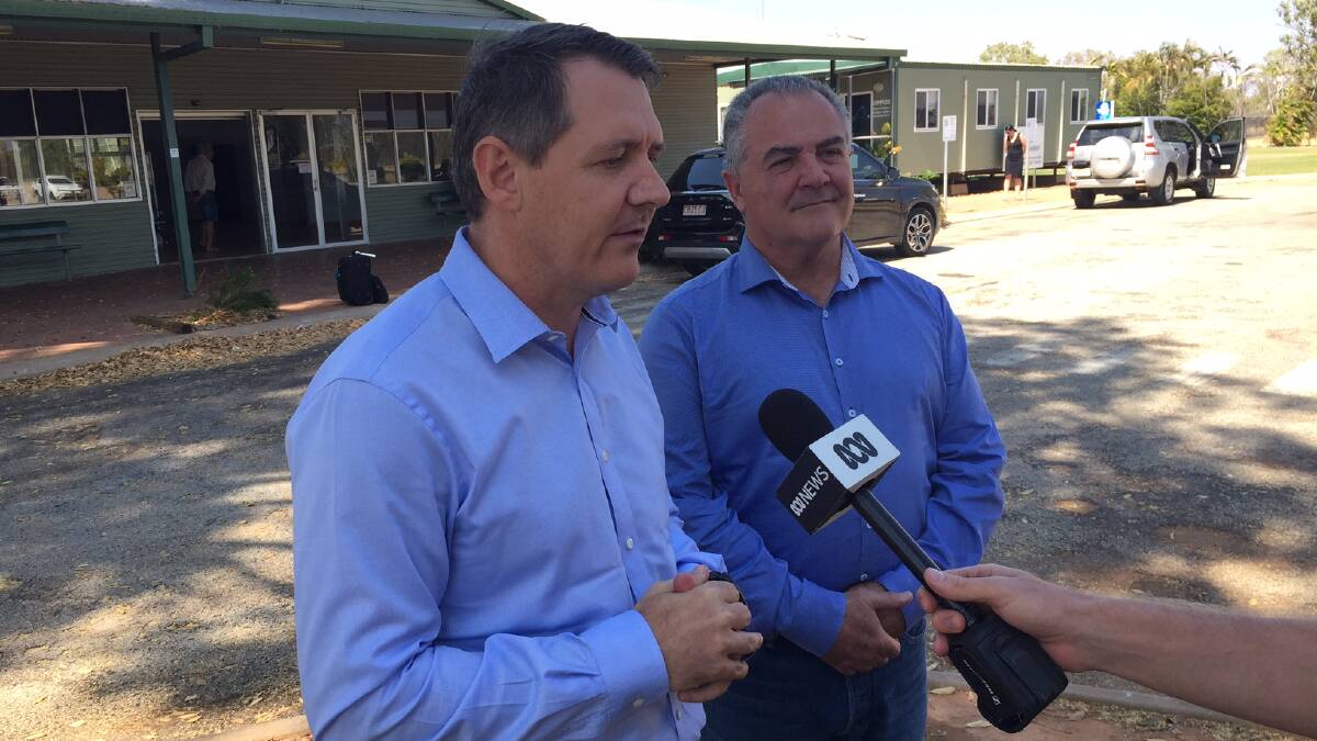 FACING QUESTIONS: Chief Minister Michael Gunner with fellow minister Gerry McCarthy flew into Katherine this morning.
