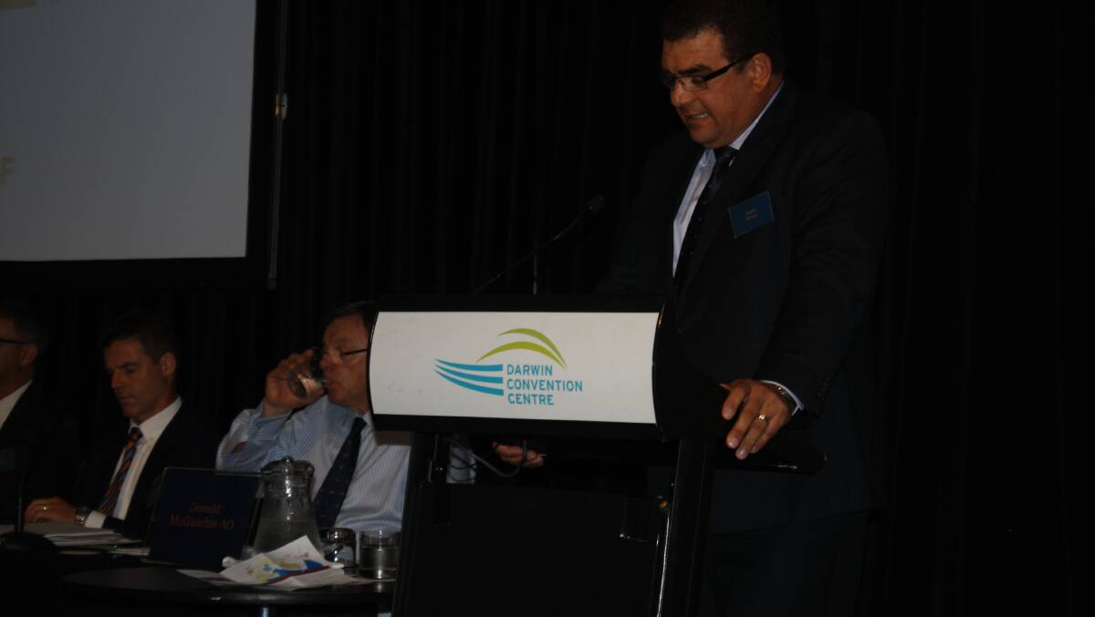 FINAL FAREWELL: Outgoing AACo managing director Jason Strong presents his final report to shareholders at a meeting in Darwin today.