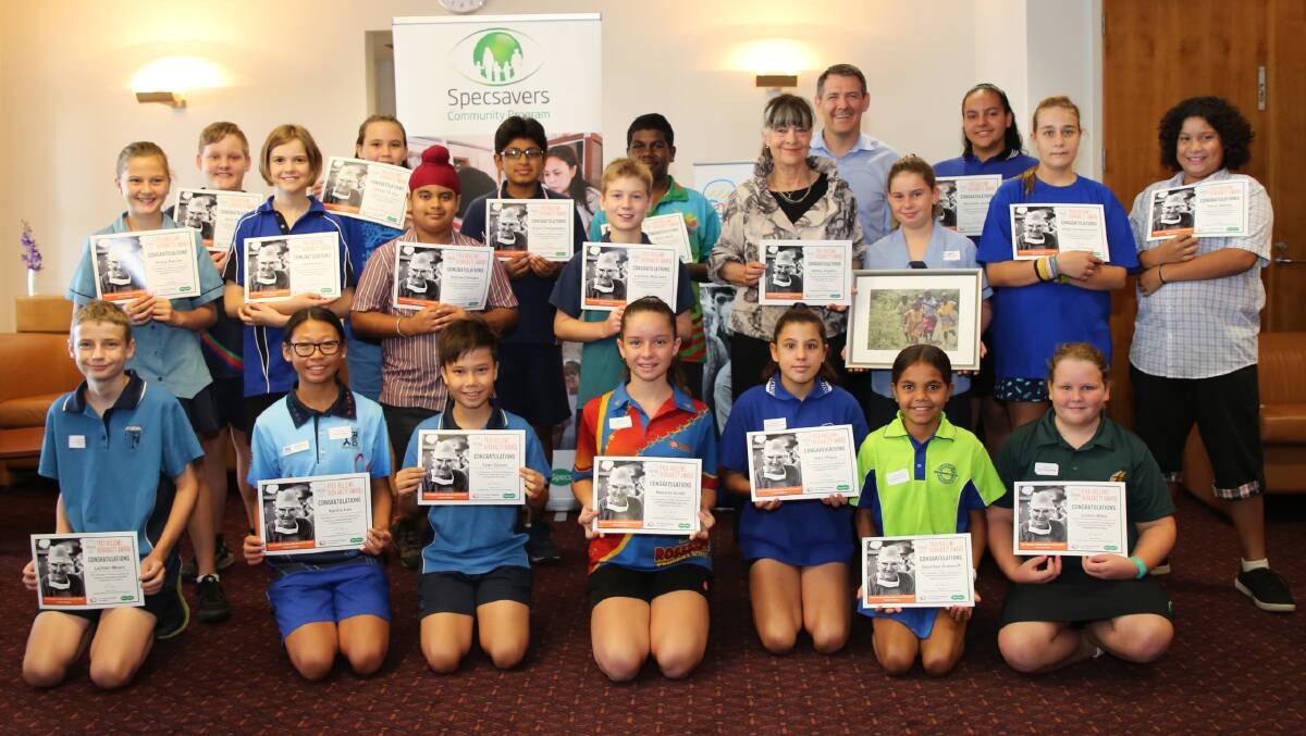 GROUP SHOT: Fred Hollows Humanity Award recipients including Northern Territory Junior Ambassador Abbey Hughes (left of Gabi Hollows) with Founding Director of The Fred Hollows Foundation Gabi Hollows and Chief Minister Michael Gunner. Picture: supplied.