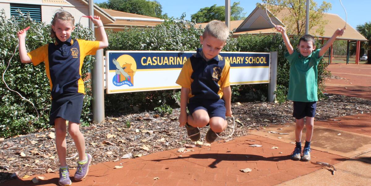 SKIPPY: Charlotte Bell, 7, Jacob McLachlan, 5, and Lachlan Righton, 7, have been practising hard for Casuarina Primary School's jump rope for heart on October 28.