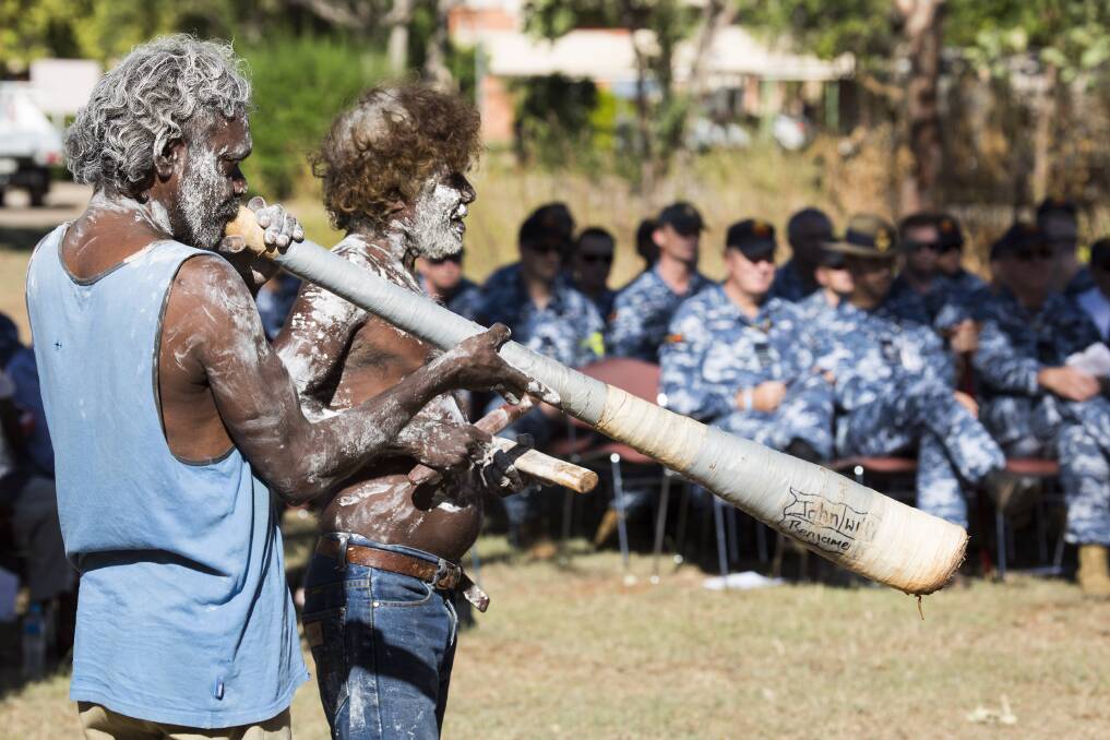 RAAF Base Tindal personnel watch traditional owners from Ngukurr add music to the welcome to country on April 13.