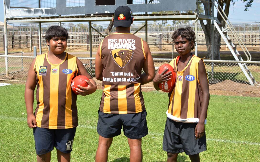 FOOTY FEVER: Macharios Ah Kit, Richard Tambling and Graham Anzac model some of the singlets being used to promote health checks.