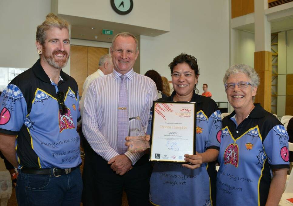 Sinon Cooney, Health Minister John Elferink, Dianne Hampton and Lynn Archer celebrate Ms Hampton's 2015 Remote Practitioner of the Year Award success in Darwin.
