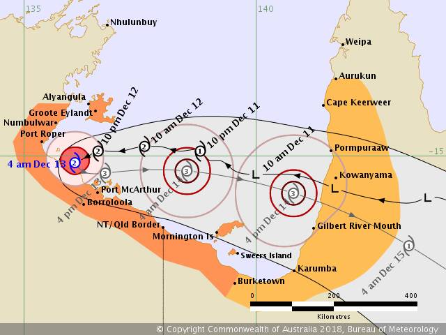 The cyclone is currenly off the coast of Port Roper in NT but expected to move east and land near Kowanyama.