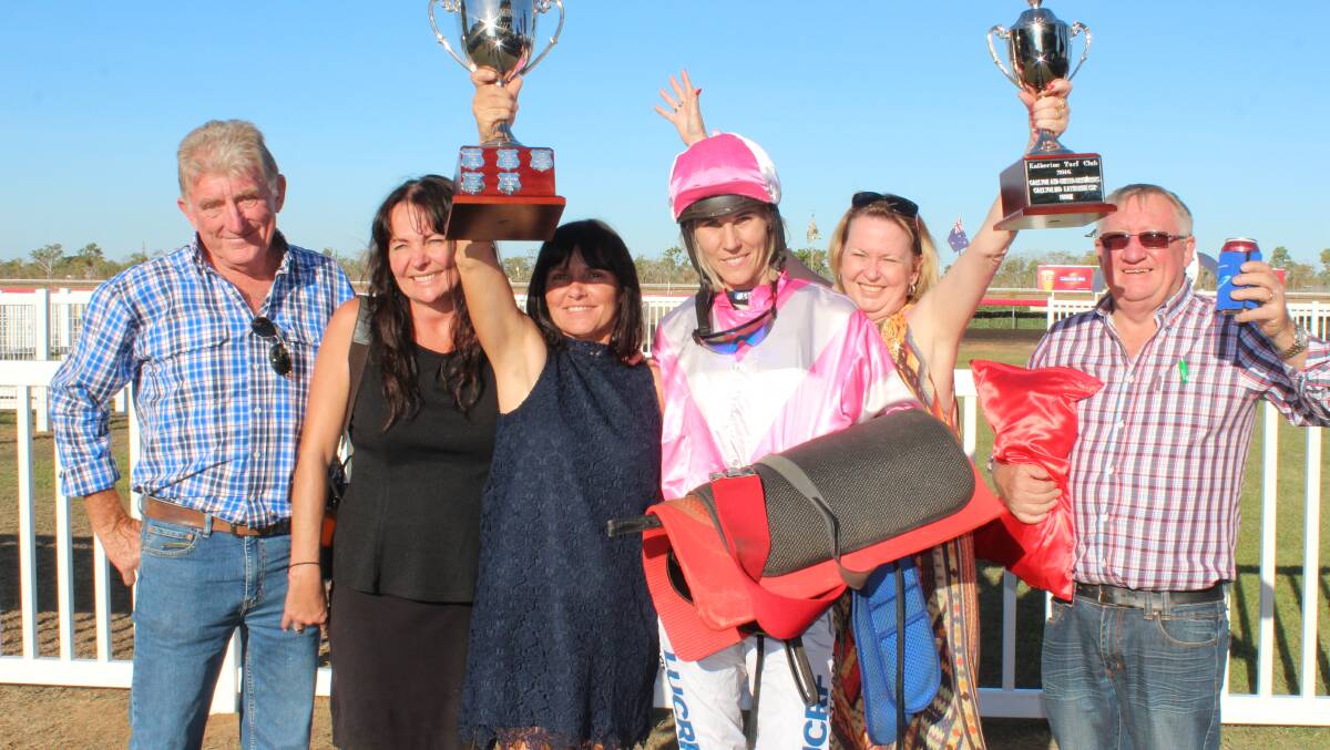 Owner Gordon Simmons, trainer Kerry Petrick, stablehand and Owner Ruth Murphy, jockey Felicia Bergstrand and owners Faye and Brooke Hartley.