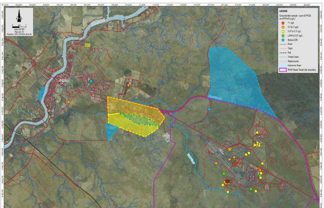Wet season groundwater sampling results. The red zones line up with the fire station training area and fuel farm. Source: Department of Defence