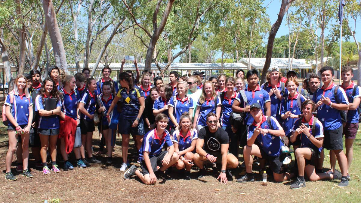 LIVIN: mental health charity co-founder Sam Webb with the students of Katherine High on Monday.
