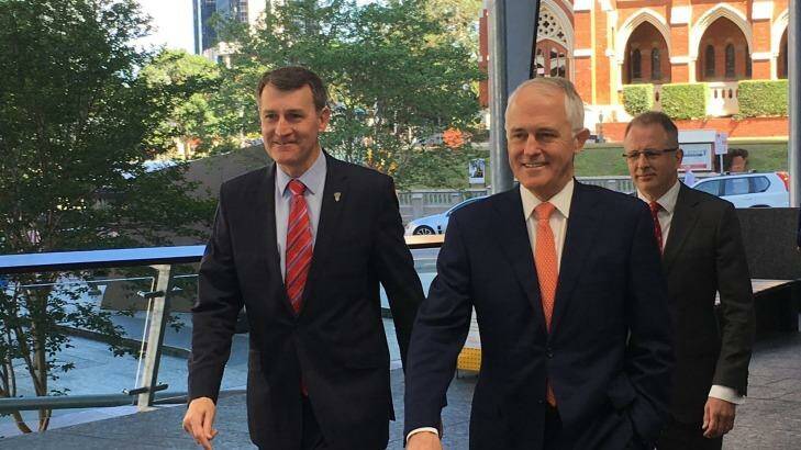 Brisbane Lord Mayor Graham Quirk and Prime Minister Malcolm Turnbull at the $10 million funding announcement. Photo: Cameron Atfield