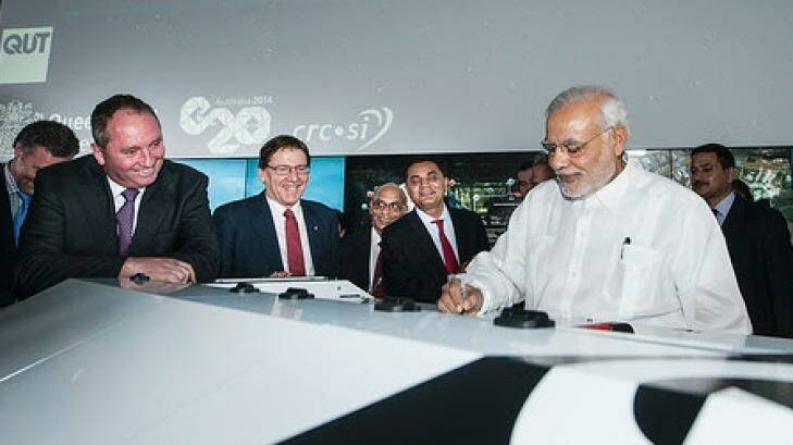 Indian Prime Minister Narendra Modi at QUT with federal Agriculture Minister Barnaby Joyce (far left). Photo: QUT