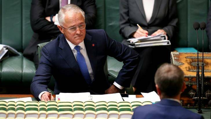 Prime Minister Malcolm Turnbull faces down Opposition Leader Bill Shorten.  Photo: Alex Ellinghausen