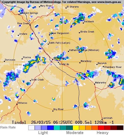 EYES ON THE SKY: At 4.18pm on March 26, the Bureau of Meteorology radar shows scattered rain around Katherine. The BOM says it does not believe overnight rain will increase flood levels in the region. 
