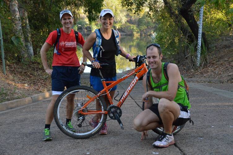 ULTRA EXCITED: Katherine Ultra Challenge competitors Nicole Burton, Caroline Elliott and Damien O’Brien have a final training run at Nitmiluk Gorge ahead of this weekend’s event.