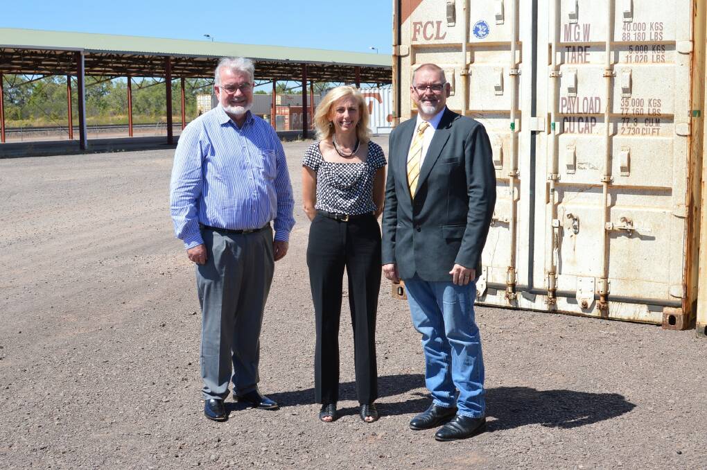 INFRASTRUCTURE AGENDA: Department of Infrastructure and Department of Transport chief executives David McHugh and Clare Gardiner-Barnes inspect Katherine’s existing rail handling facilities with NT Infrastructure Minister Peter Chandler last week.