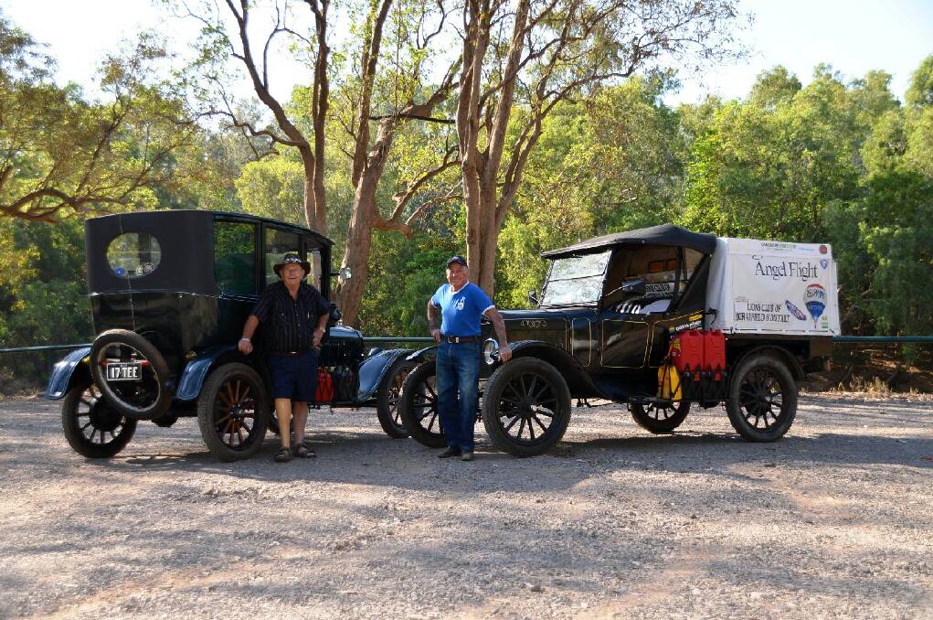 SLOW BUT STEADY: Brisbane residents Merv Kroll and Lindsay Bell are driving across Australia in Model T Fords for charity.