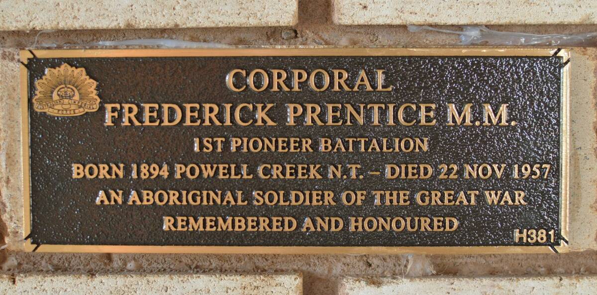 The plaque honouring Corporal Frederick Prentice at the Katherine Memorial Cemetery.