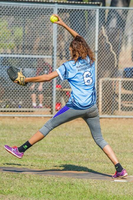 Shakita Lindner winds up on the mound for Rockers.