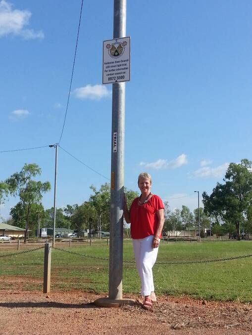 BUDGET CONCERN: Katherine Town Council mayor Fay Miller, pictured at the launch of the council's LED lighting trial last year, says Power and Water Corporation's plan to hand over 916 street lights will cause budget pain.