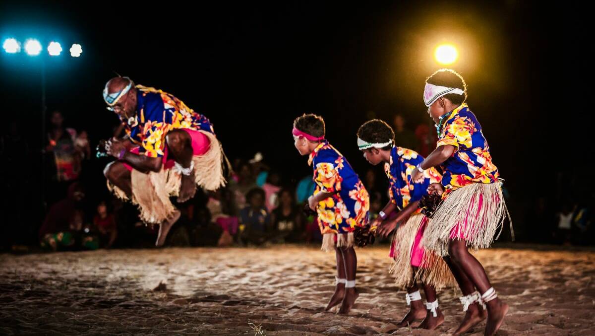 TRADITIONAL DANCE: Yellow Kokowam boys and men performing at Malandarri Festival. Picture: supplied.