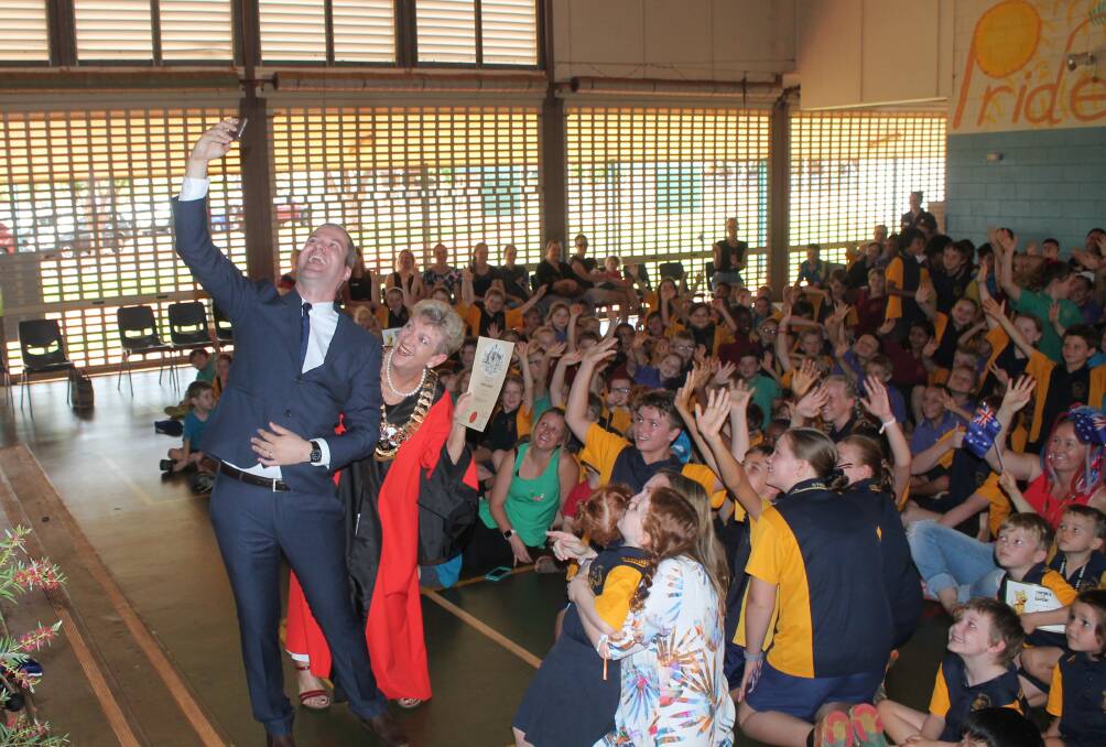 ELLEN MOMENT: Principal John Paul Cleary and Mayor Fay Miller get a selfie with the school.