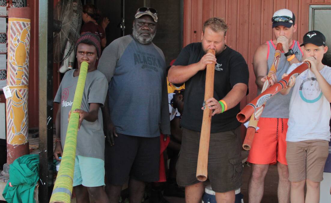 Russell and Djakapurra Mumyarryan gave instruction in didgeridoo to Manu Walker from Tahiti, Sean Hutton from Darwin, and Nik Ellis-Brody from Katherine at last year's festival.