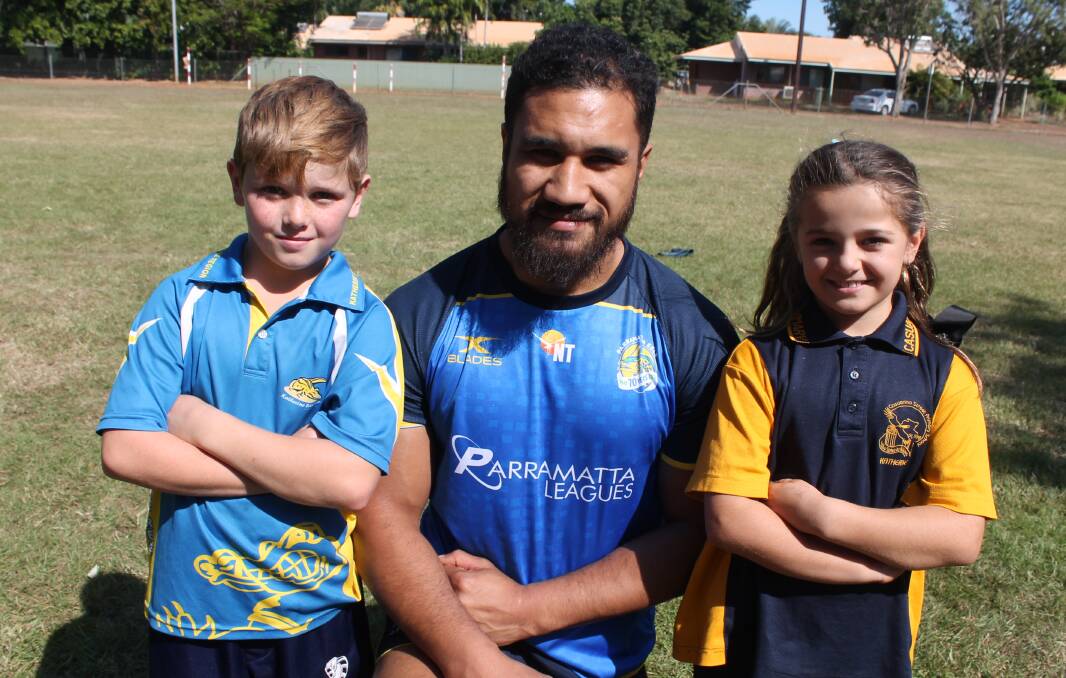 NRL STAR: Kyan Kohler and Abbey Brown had a great time with Eels player Peni Terepo. 