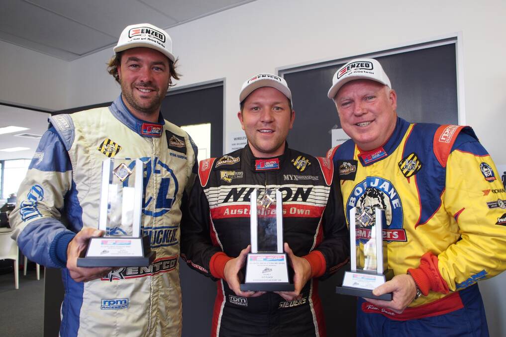 Sunday's V8 Ute winners (Race three for the weekend)  Ryan Hansford, David Sieders and Kim Jane. Photo: Zenio Lapka