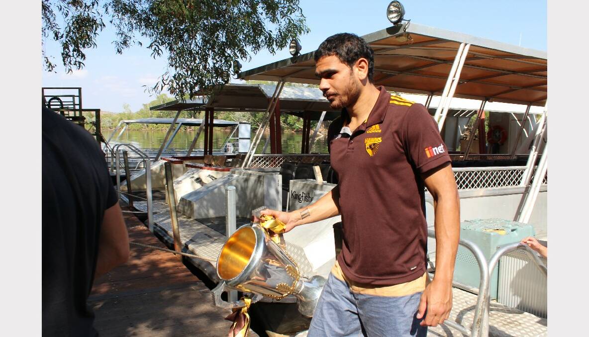 Several current and former Hawthorn FC players - and the mighty premiership cup - visited Katherine's Nitmiluk Gorge today as part of the Club's community engagement program.