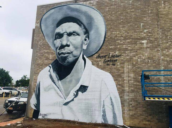 A mural featuring Gurindji Elder and Aboriginal rights activist Vincent Lingiari tells a story that changed the course of Australian history. Picture: Roxanne Fitzgerald. 