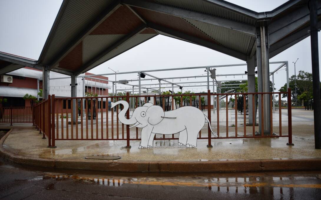 Two white elephants appeared in Katherine on Saturday, one at the Town Square and the other at the Hot Springs turtle. Picture: Roxanne Fitzgerald. 