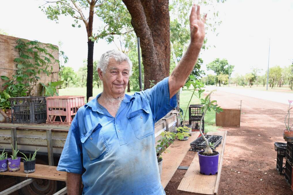  Katherine resident Jim Ashworth has been selling his plants from the side of the Stuart Highway for four years, but new roadside rules are forcing him to move from his treasured spot. Picture: Roxanne Fitzgerald.
