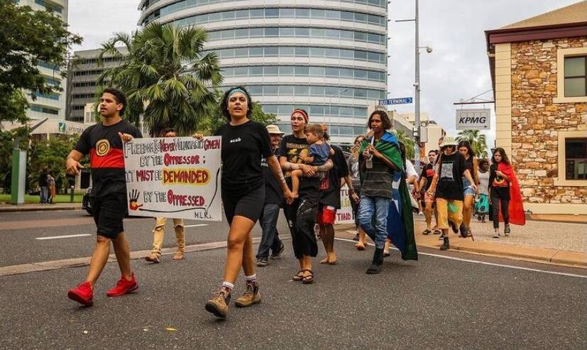 It is estimated more than 1500 people attended the rally to mark a day of mourning for Indigenous Australians. Picture: Capturedbynabila. 