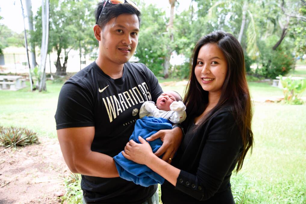 Moner Lalim and Kim Lalim with their new baby Zion Jocef Lalim at Katherine Hospital. Picture: Roxanne Fitzgerald. 