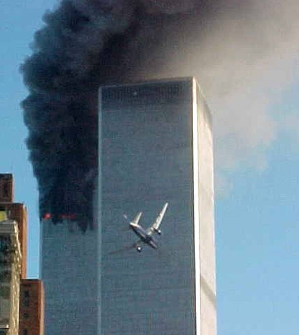 A jet airliner about to crash into the World Trade Center on September 11, 2001. 