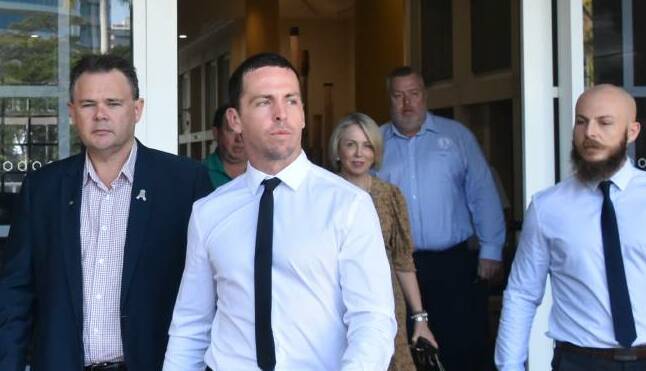 Zachary Rolfe (centre) leaves the NT Supreme Court. Picture: Sarah Matthews