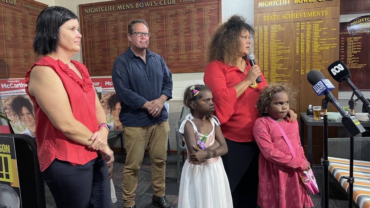 NT Chief Minister Natasha Fyles, Solomon MP Luke Gosling and NT Senator Malarndirri McCarthy claim victory for Labor. Picture: Sarah Matthews