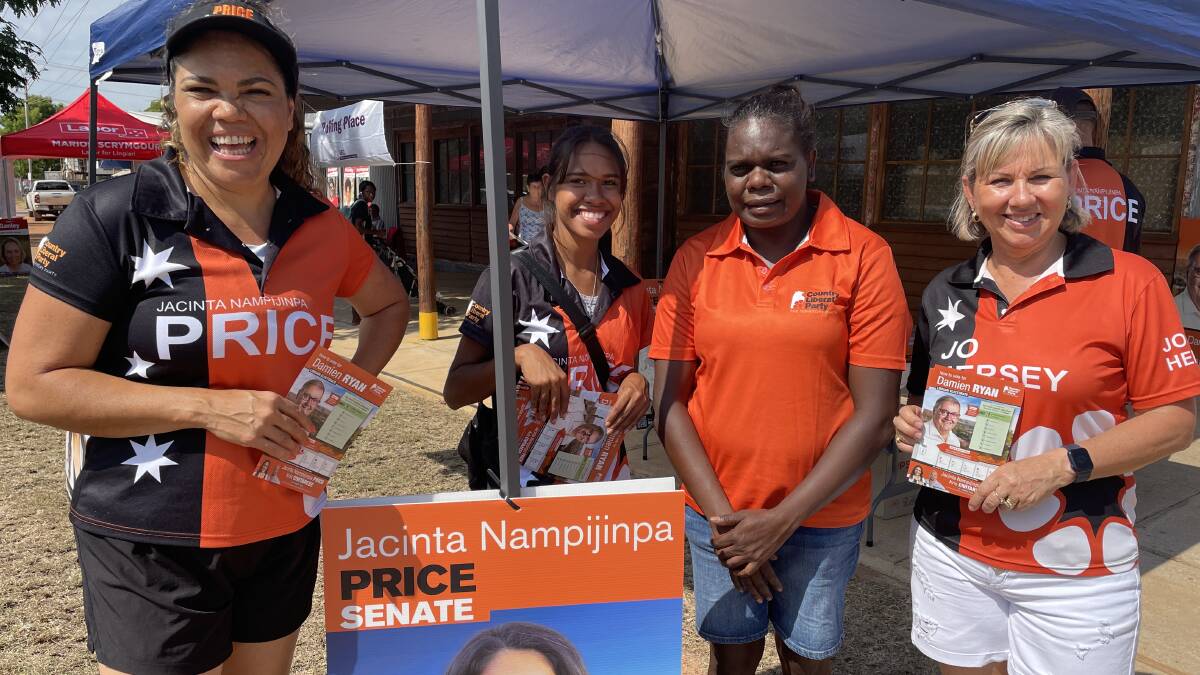 CLP Senate candidate Jacinta Price (left) with supporters Mesha and Cheron Long and Katherine MLA Jo Hersey. Picture: Sarah Matthews