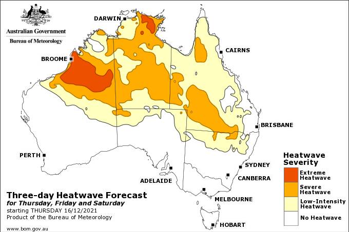 The heatwave forecase map for this Thursday, Friday and Saturday. Picture: Bureau of Meteorology