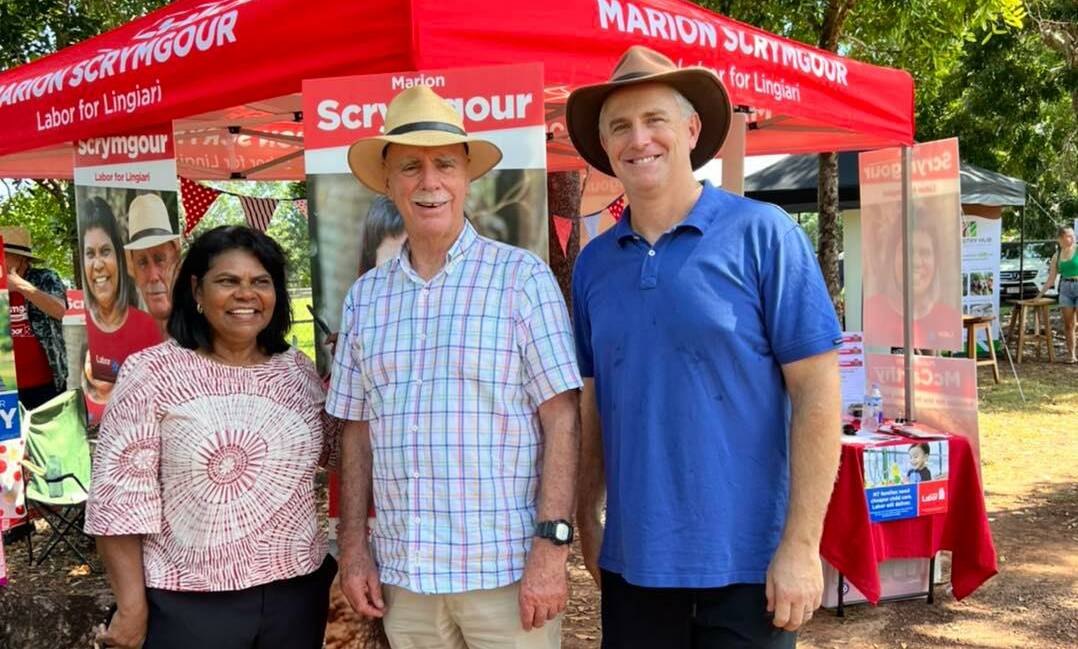 Labor candidate for Lingiari Marion Scrymgour with outgoing MP Warren Snowdon and NT MLA Joel Bowden. Picture: Supplied