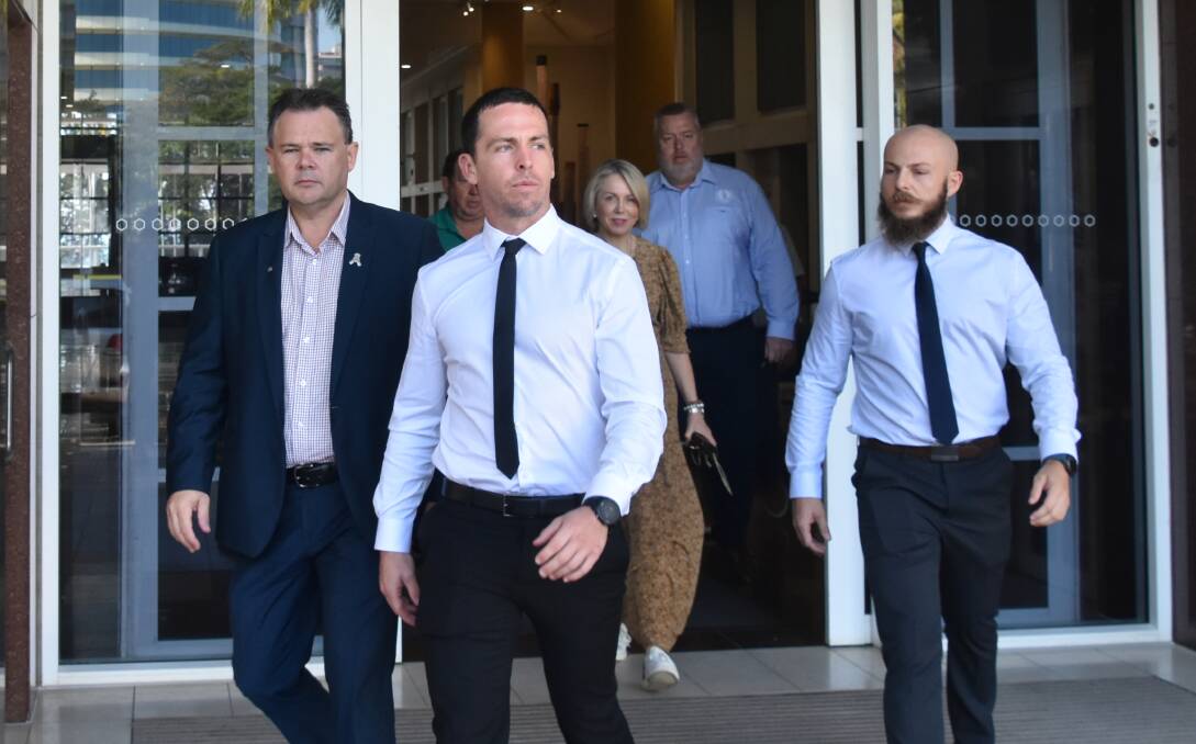 Zachary Rolfe (centre) leaving the Darwin Supreme Court. Picture: Sarah Matthews