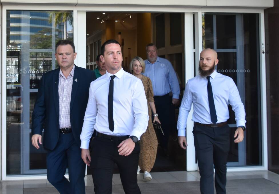 Zachary Rolfe (centre) leaving the Darwin Supreme Court. Picture: Sarah Matthews