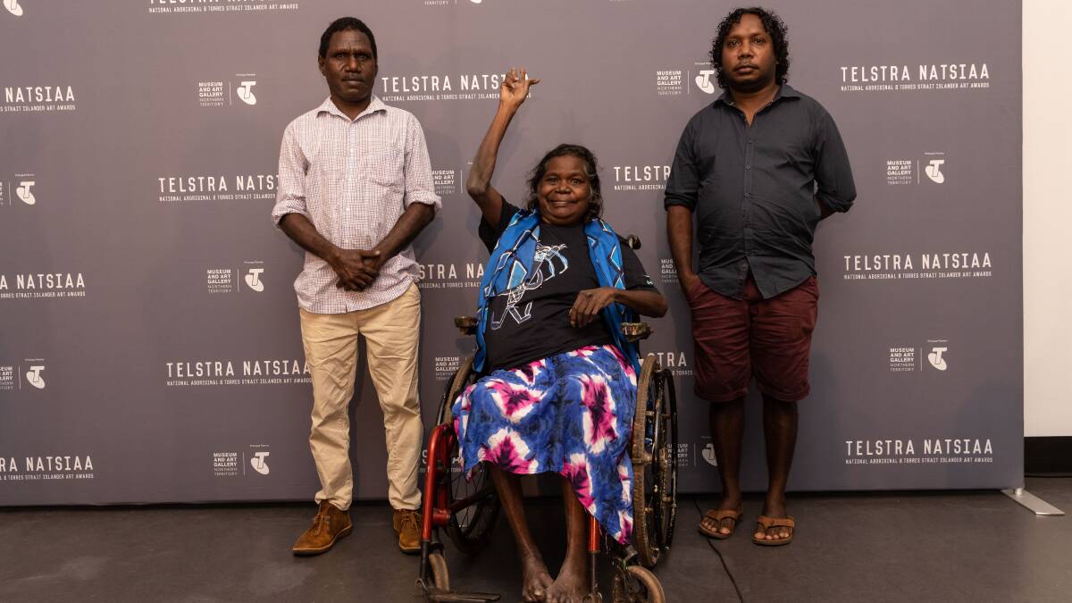Pedro Wonaeamirri, Dhambit Mununggurr and Ishmael Marika at a media preview of the Awards in Darwin. 